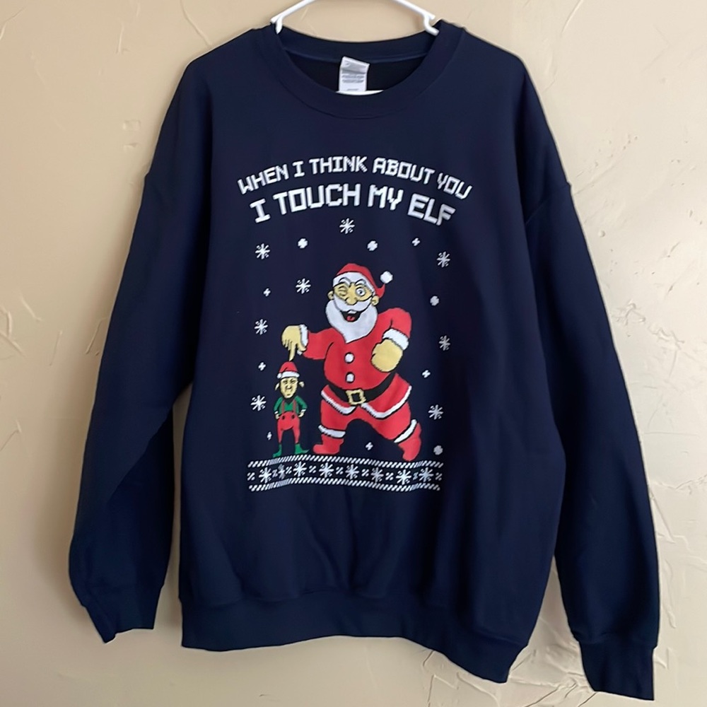 When I Think About You I Touch My Elf Funny Rude Christmas Sweatshirt Navy Blue